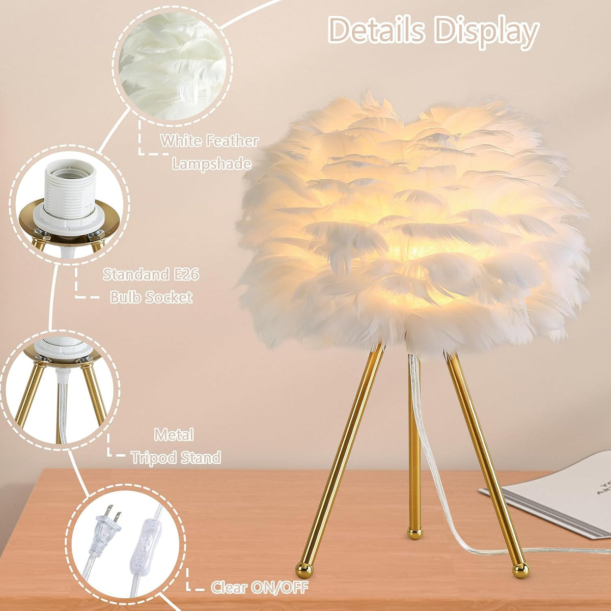 Capslpad Feather Tripod Table Lamp - 15.3" Modern White Bedside/Desk Lamp with Gold Finish for Living Room, Nursery, Kids, Bedroom, Girls Room Decor