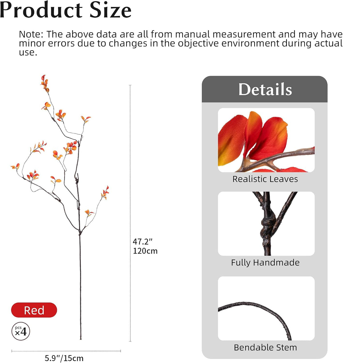 4PCS Artificial Orange Branches 47.2", Extra Long Faux Fall Stems for Tall Vase, Decorative Autumn Branches with Orange Leaves, Bendable Stems for Floor Vase Fall Home Decor