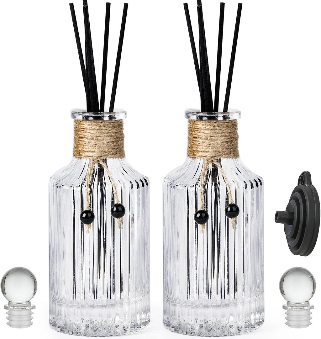 Reed Diffuser Bottle Set of 2 Glass Diffuser Bottles 8oz/250ml Empty Clear Decorative Bottle with Stoppers and Reed Sticks Bulk Reusable Perfume Jar