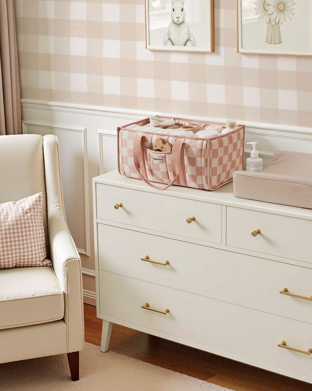 Blissful Diary Checkered Diaper Caddy Organizer, Storage Basket, Pink