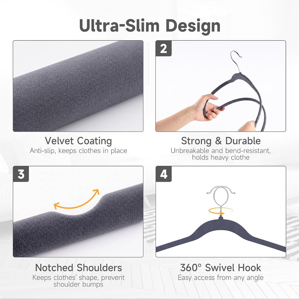 Whitmor Spacemaker Flocked Clothes Hangers – Velvet Like Heavy Duty Coat Hangers, Slim Non-Slip Suit Hangers, Contoured Shoulder Design, Odyssey Gray, 20 Pack