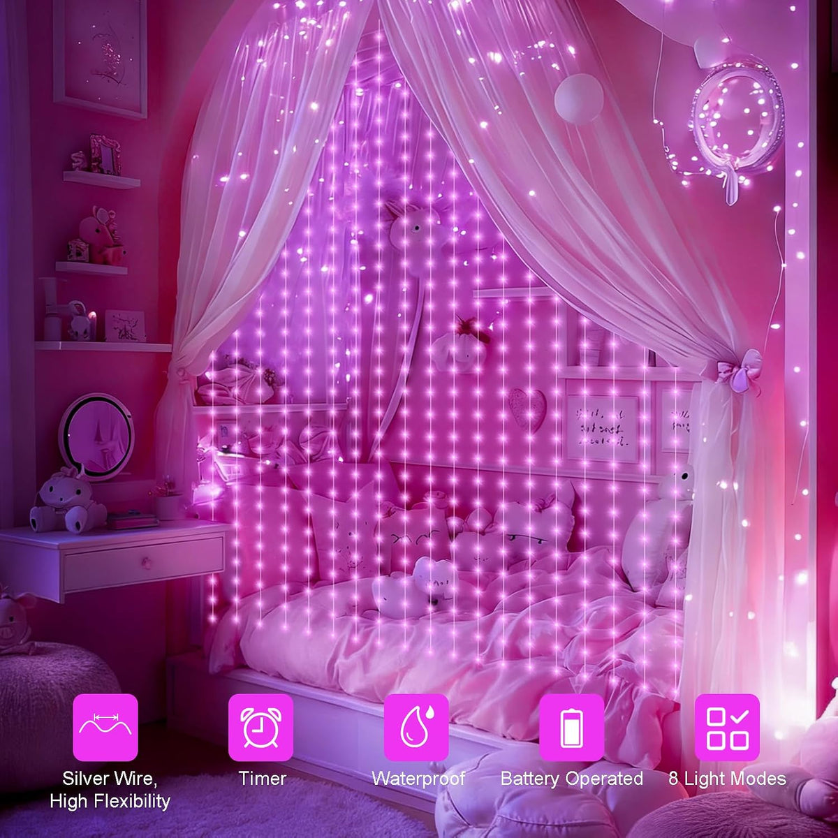 echosari Curtain Lights Battery Operated 9.8 x 9.8Ft with Timer Pink
