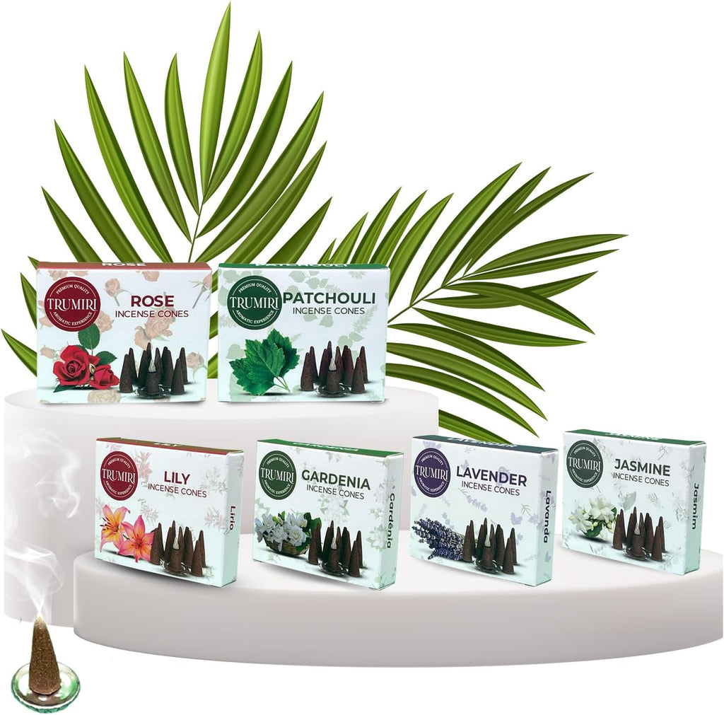 Trumiri Floral Incense Cones - Variety Pack - Total 60 Cone Incense (6 Scents x 10 Conos) - Rose, Lavender, Jasmin, Patchouli, Gardenia, Lily - Cone Incense Scents - Insense Cones - Incent Cone