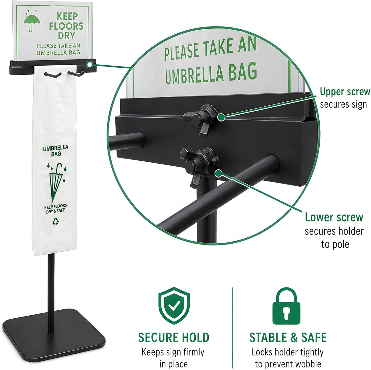 Umbrella Bag Stand with Sign Holder, 200 Bags, Weighted Base, 48 Inch