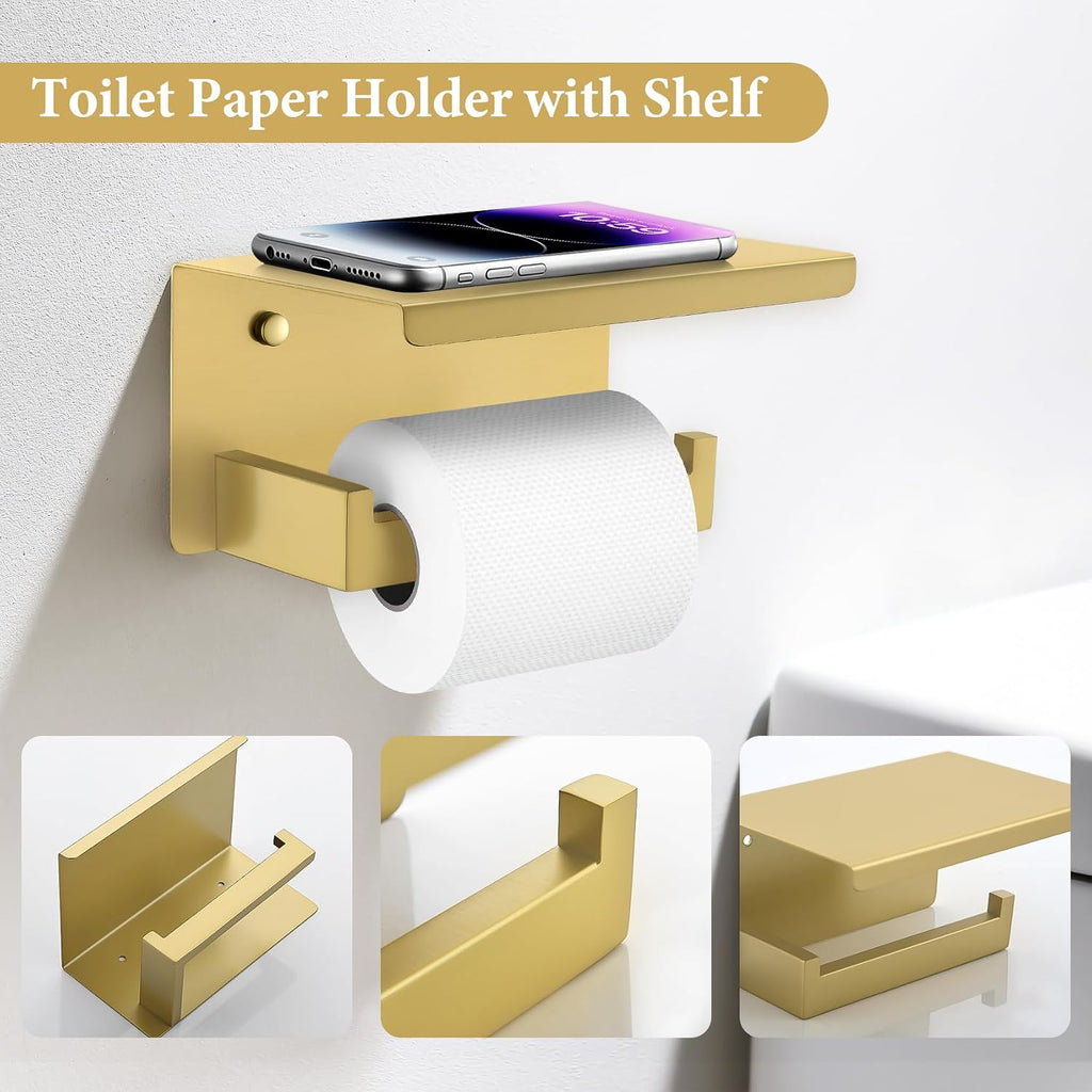 TURS Bathroom Hardware Set Brushed Gold 4-Piece Towel Bar Set Include 24 Inch Towel Bar Towel Ring Towel Hook Toilet Paper Holder with Shelf Wall Mounted.