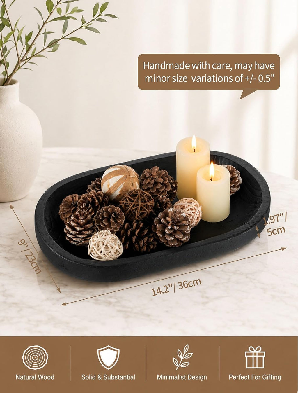 Hanobe Wooden Decorative Key Bowl for Coffee Table Decor, Rustic Black