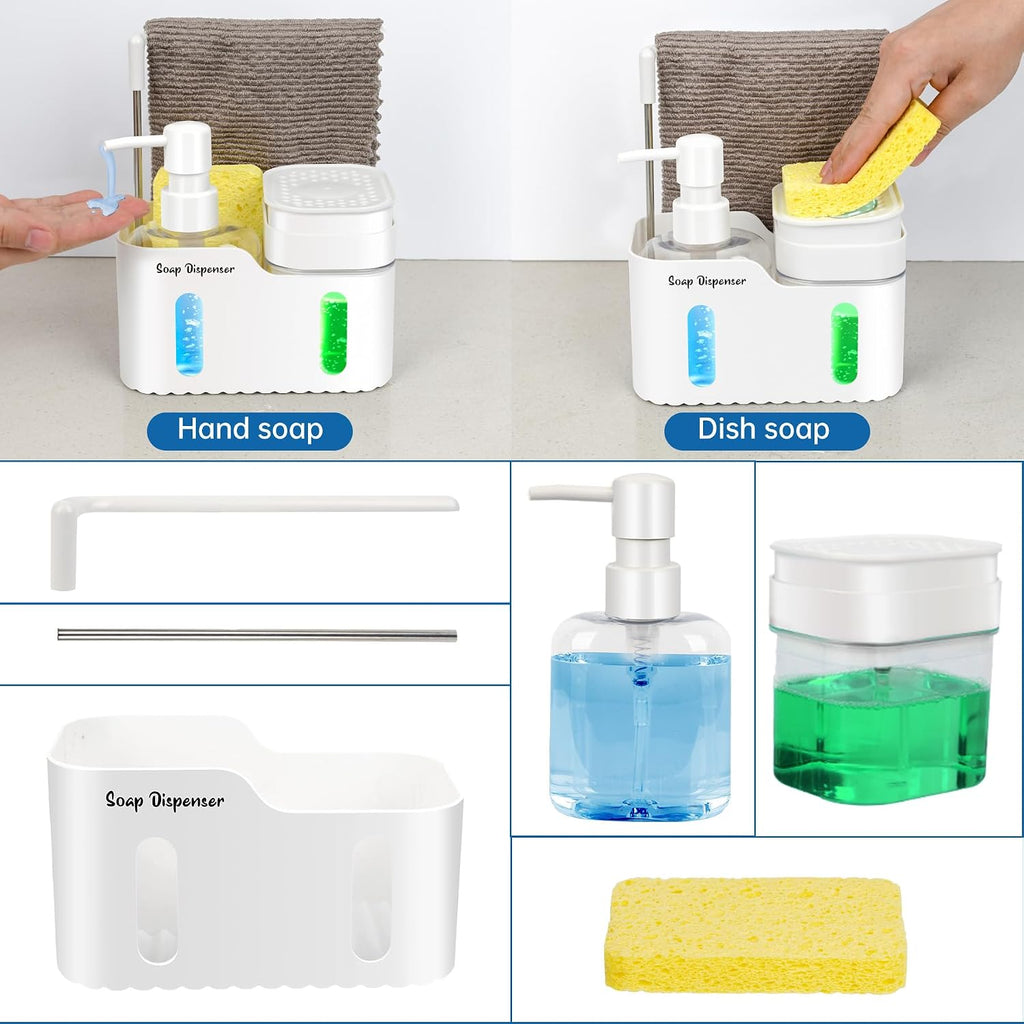 Hand Soap and Dish Soap Dispenser Set for Kitchen, Dual Soap Dispenser with Sponge Holder and Dishcloth Holder 4-in-1 Organizer for Kitchen Sink Countertop, Useful Kitchen Gadgets (White)