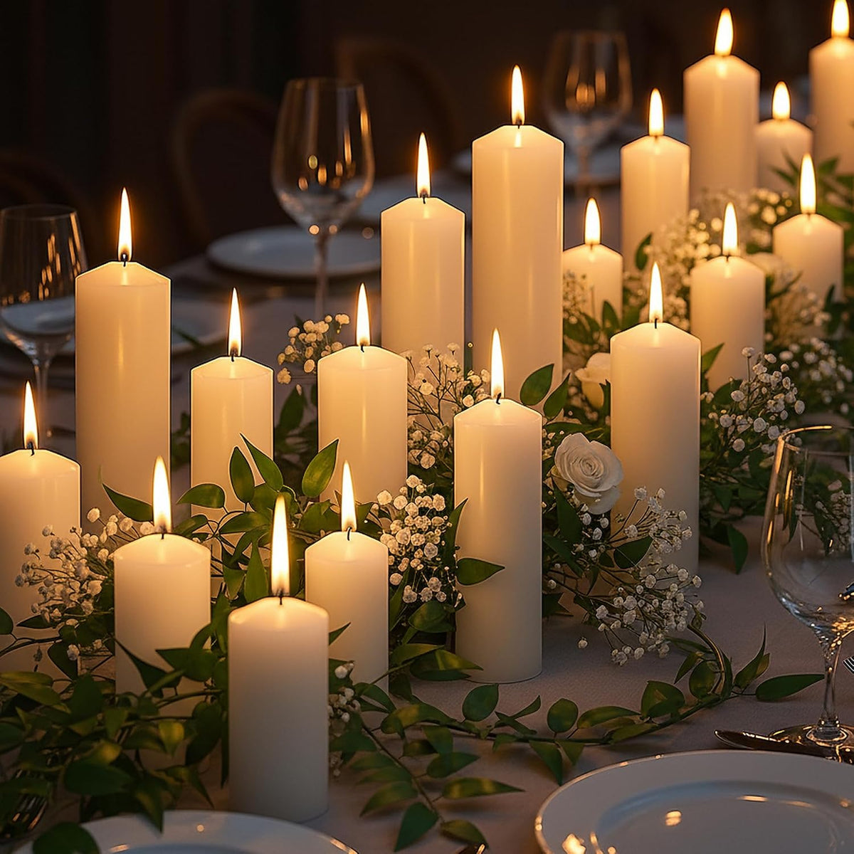 18 Pcs Ivory Pillar Candles Bulk Set，2x3 2x6 2x8 Inch - 12 Each Size，Hurricane Candles，Dripless Unscented Smokeless，Gives You a Better Atmosphere When Organizing Wedding or Event Party.