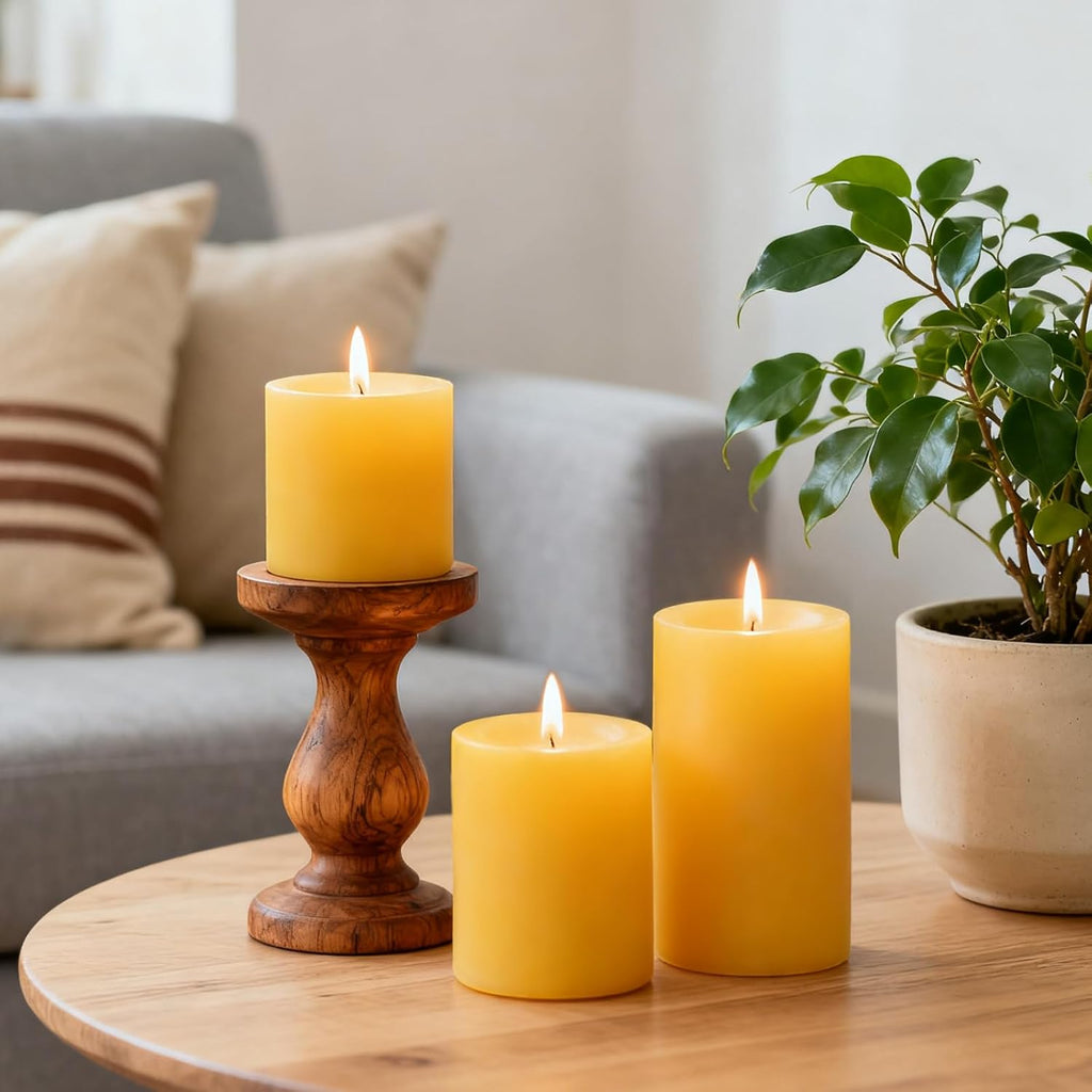 Set of 3 Natural Beeswax Pillar Candles - 3 inch Wide, Yellow, Unscented