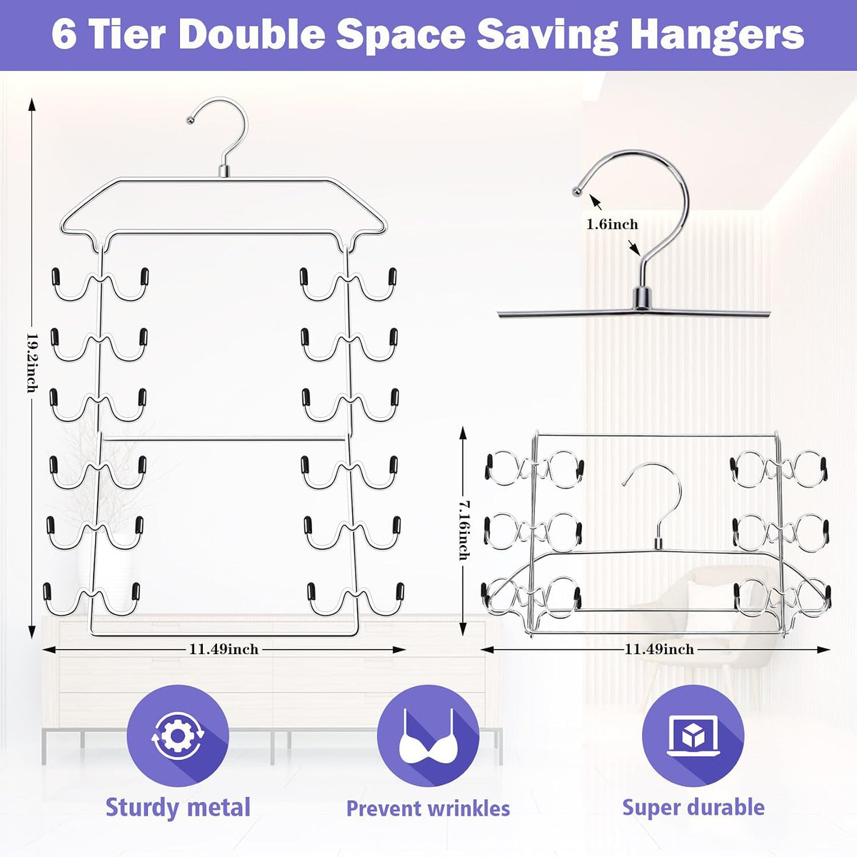 Closet Organizers and Storage 2 Pack,Tank Top Hanger 6 Tier Double Space Saving Bra Hangers,Apartment Dorm Room Essentials for Girls,Non-Slip Hanging Closet Organizer Small Space Solution Organization