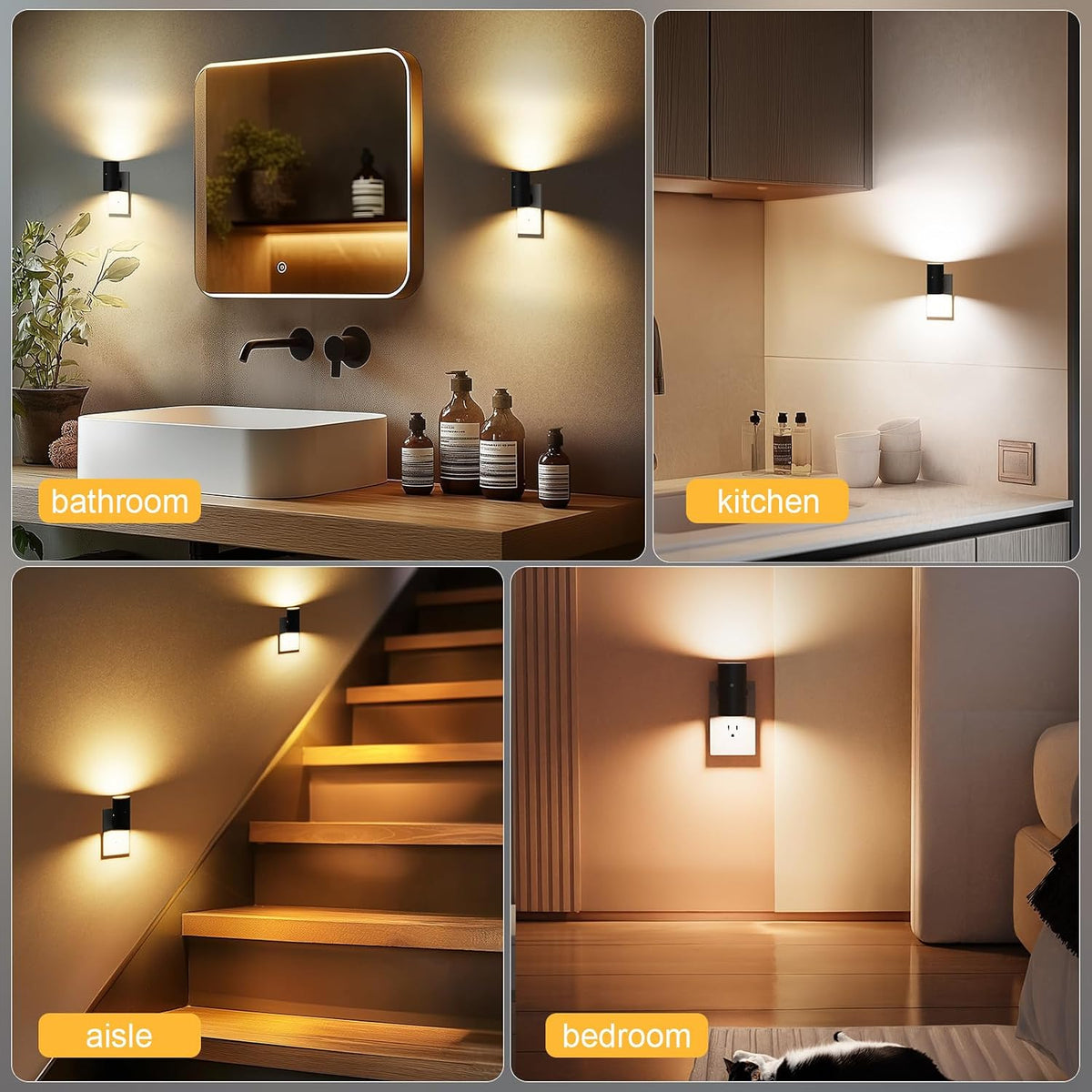 VOLISUN Night Lights Plug into Wall, Dimmable LED Nightlight with Dusk to Dawn Light Sensor, 0-100LM Adjustable Brightness, 3 Color Temperatures, Compact Size Black 4 Pack for Hallway,Bedroom,Bathroom