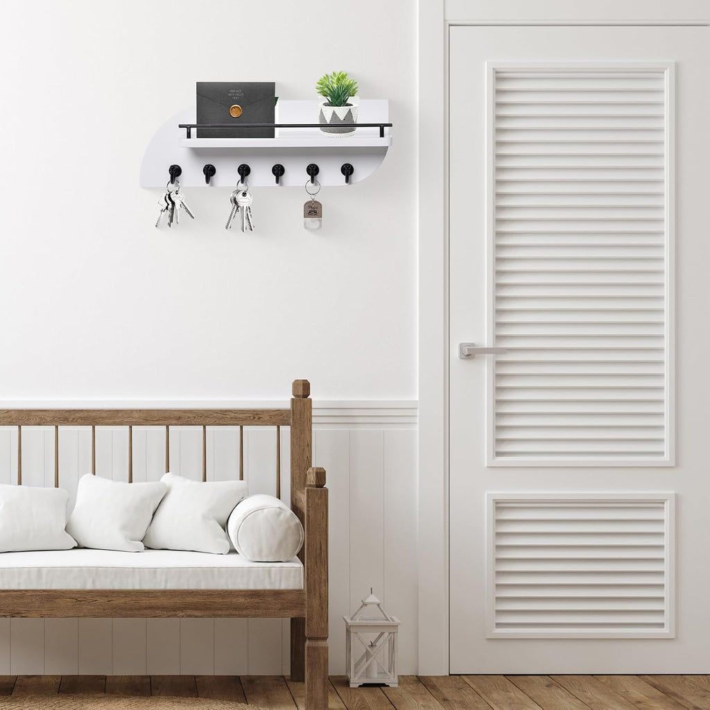 Key Holder for Wall, Decorative Key and Mail Organizer with 6 Sturdy Metal Hooks and Floating Shelf, 14 Inches Wood Wall Mounted Key Rack for Entryway, White and Black