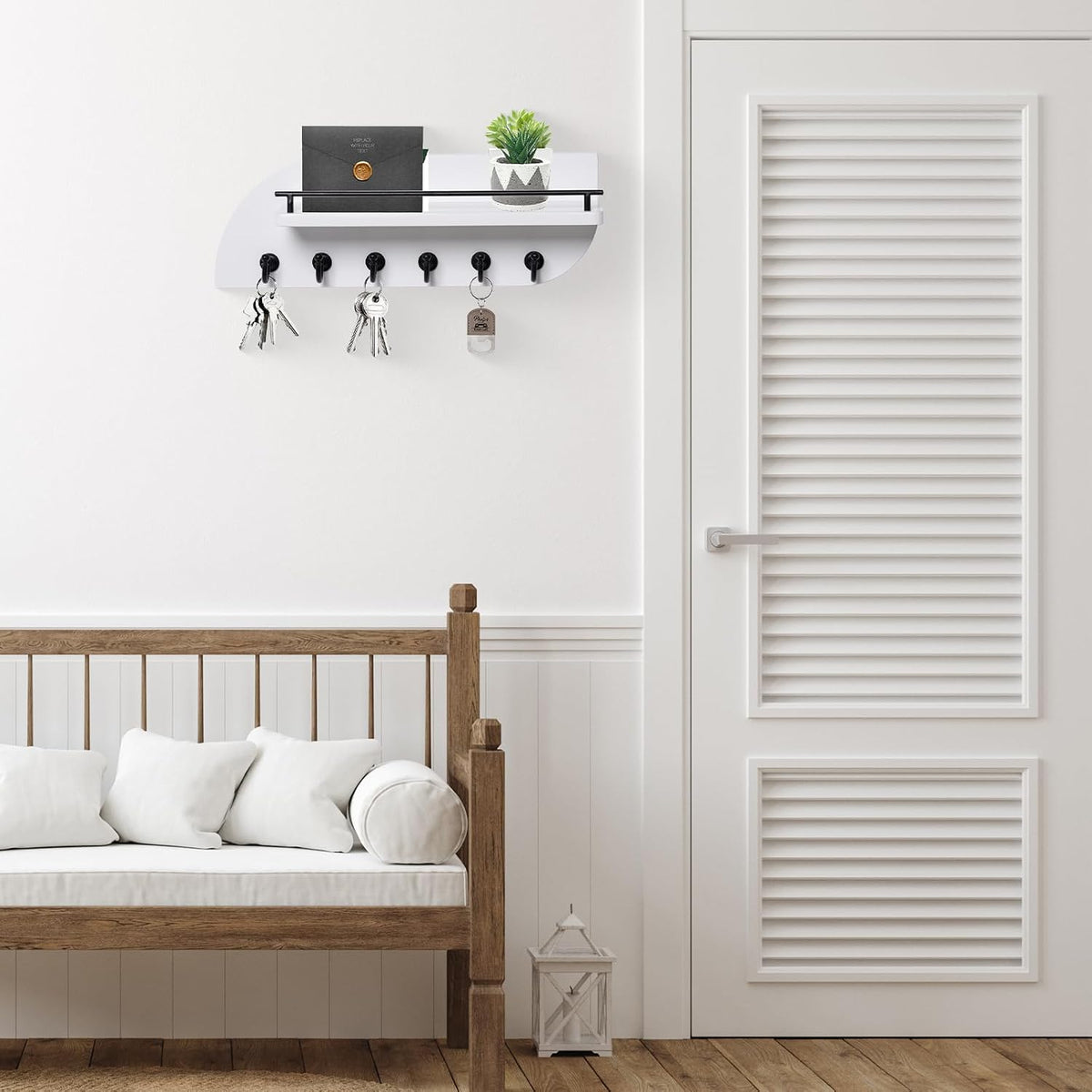 Key Holder for Wall, Decorative Key and Mail Organizer with 6 Sturdy Metal Hooks and Floating Shelf, 14 Inches Wood Wall Mounted Key Rack for Entryway, White and Black