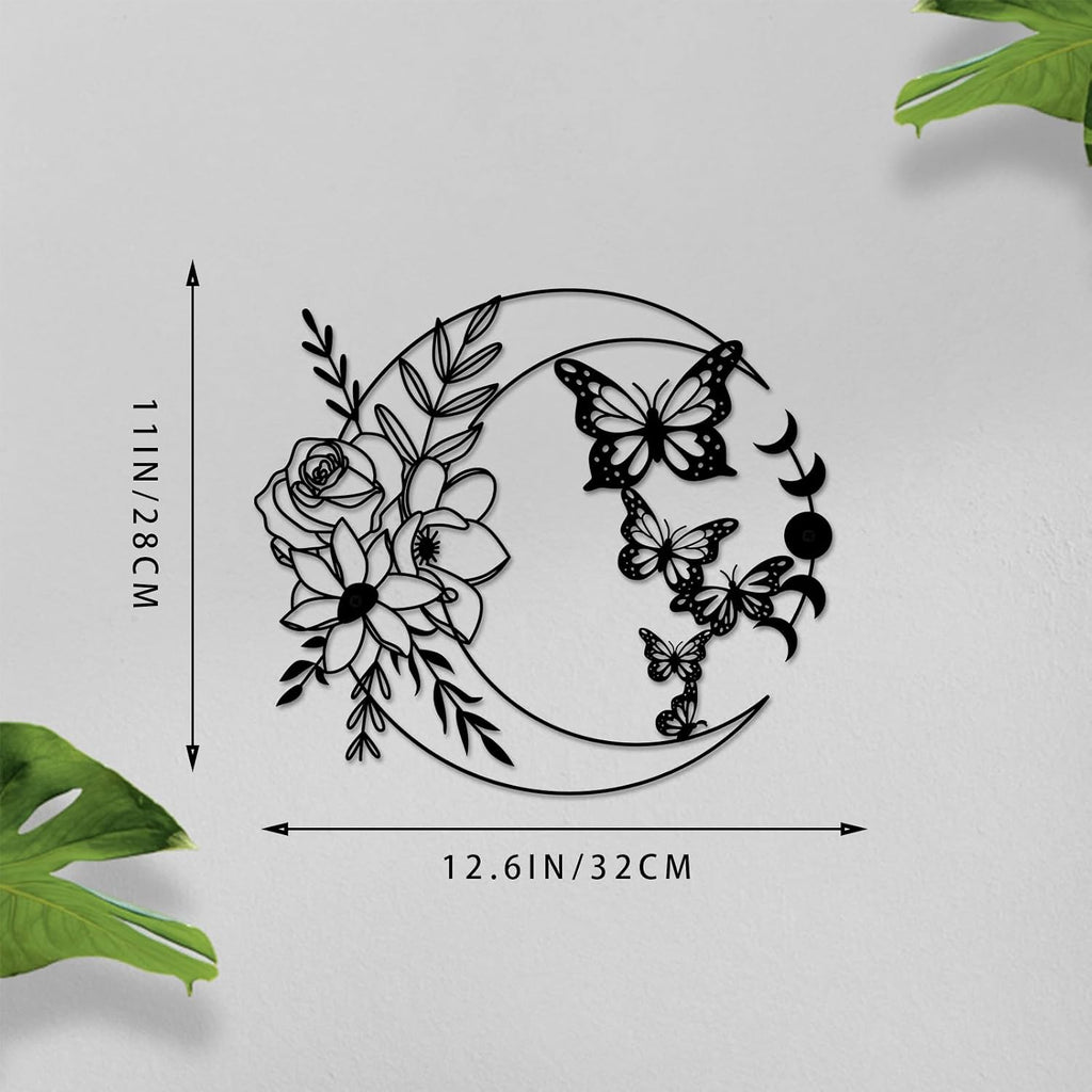 ruelen Moon Butterfly Metal Wall Decor Boho Wall Art Floral Wall Hanging