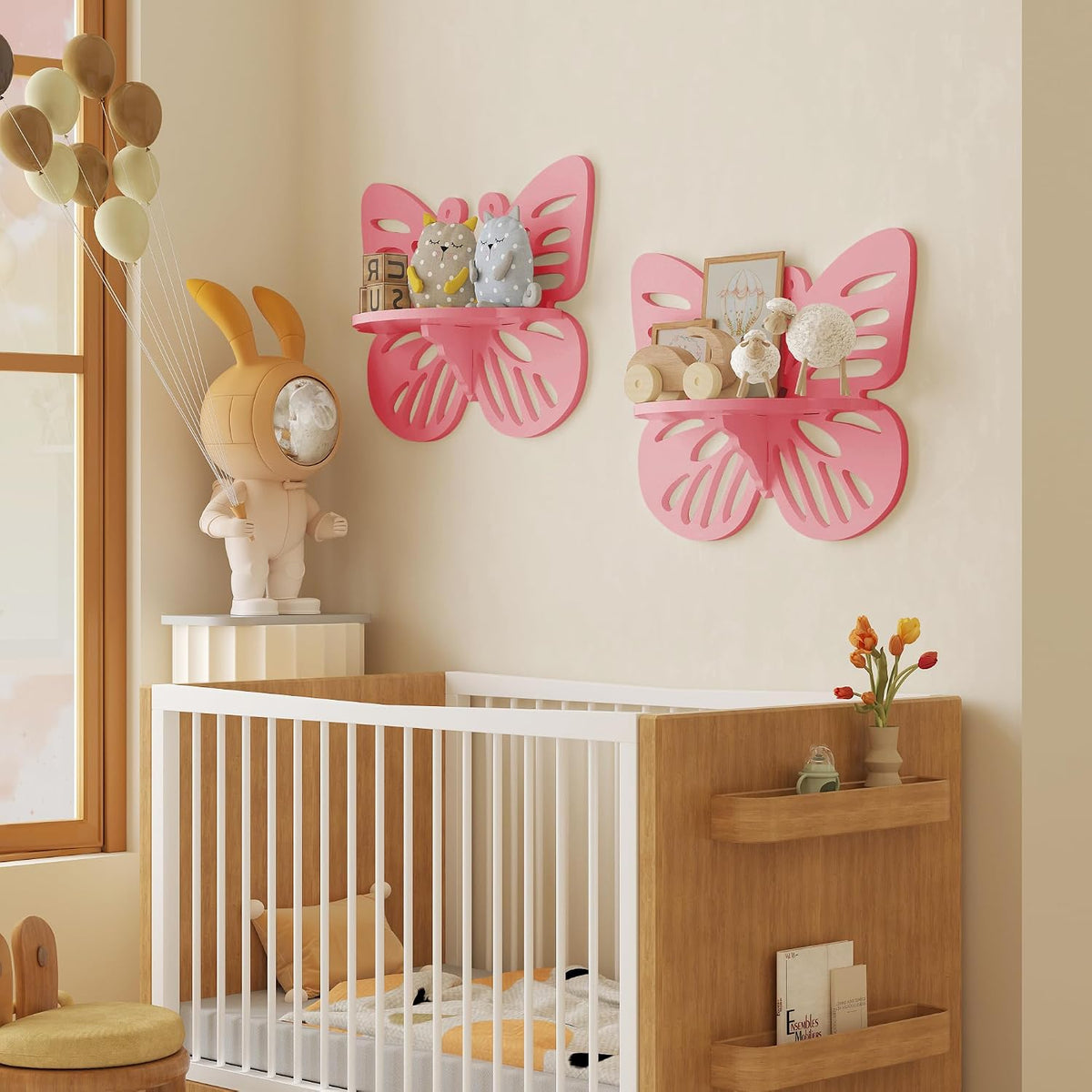 2-Tier Butterfly Wall Shelf - Nursery Decor Pink Floating Corner Shelves, Cute Wall Display Rack Bookshelf for Kid’s Room, Solid Wood Hanging Hollow Out Shelf for Toys, Plants and Decorations Storage