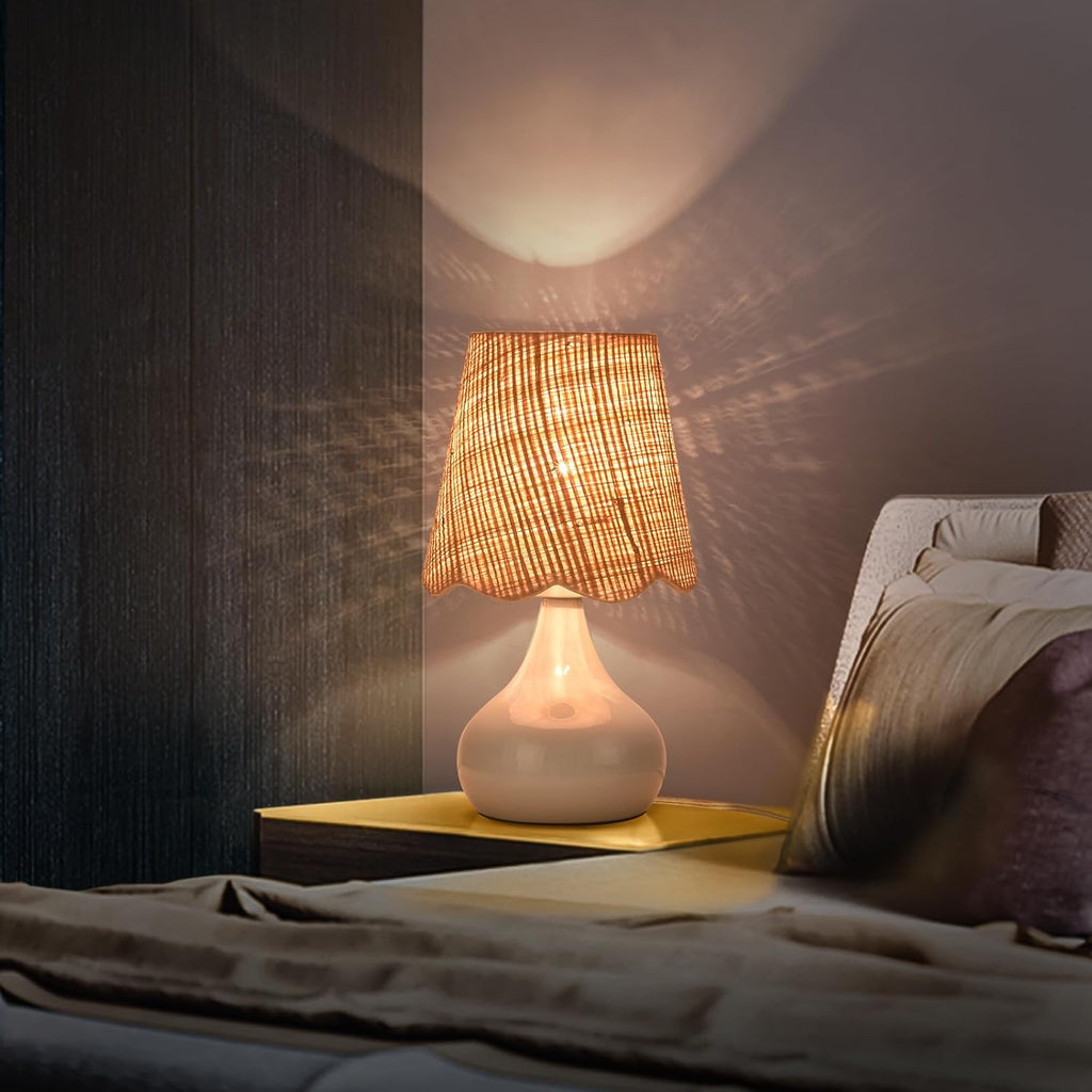 Light Blue Boho Small Table Lamp for Small Spaces, Small Rattan Shade Bedside Lamp for Bedroom, Cute Nightstand Light for Bedside, Kitchen Counter, Bookshelf Lamp, Home Office, Living Room, Dorm