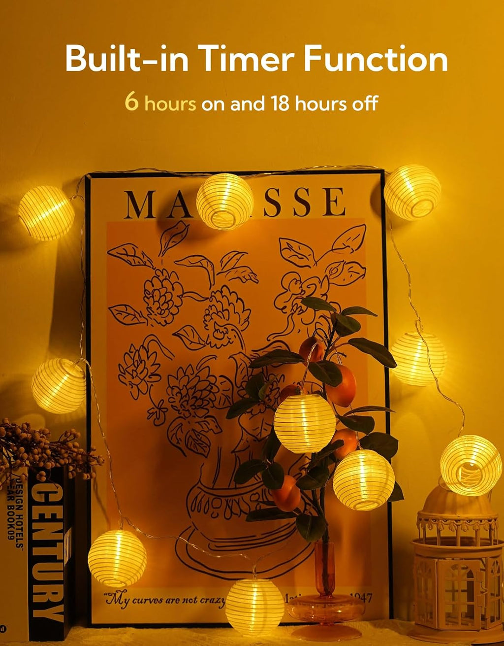 Lantern String Lights 10FT 10Leds Battery Powered, Cozy Fashionable Globe String Lights for Bedroom with Timer Room Decoration for Dorm, Plants, Bed Frame(Lanterns Need Simple Assembly)