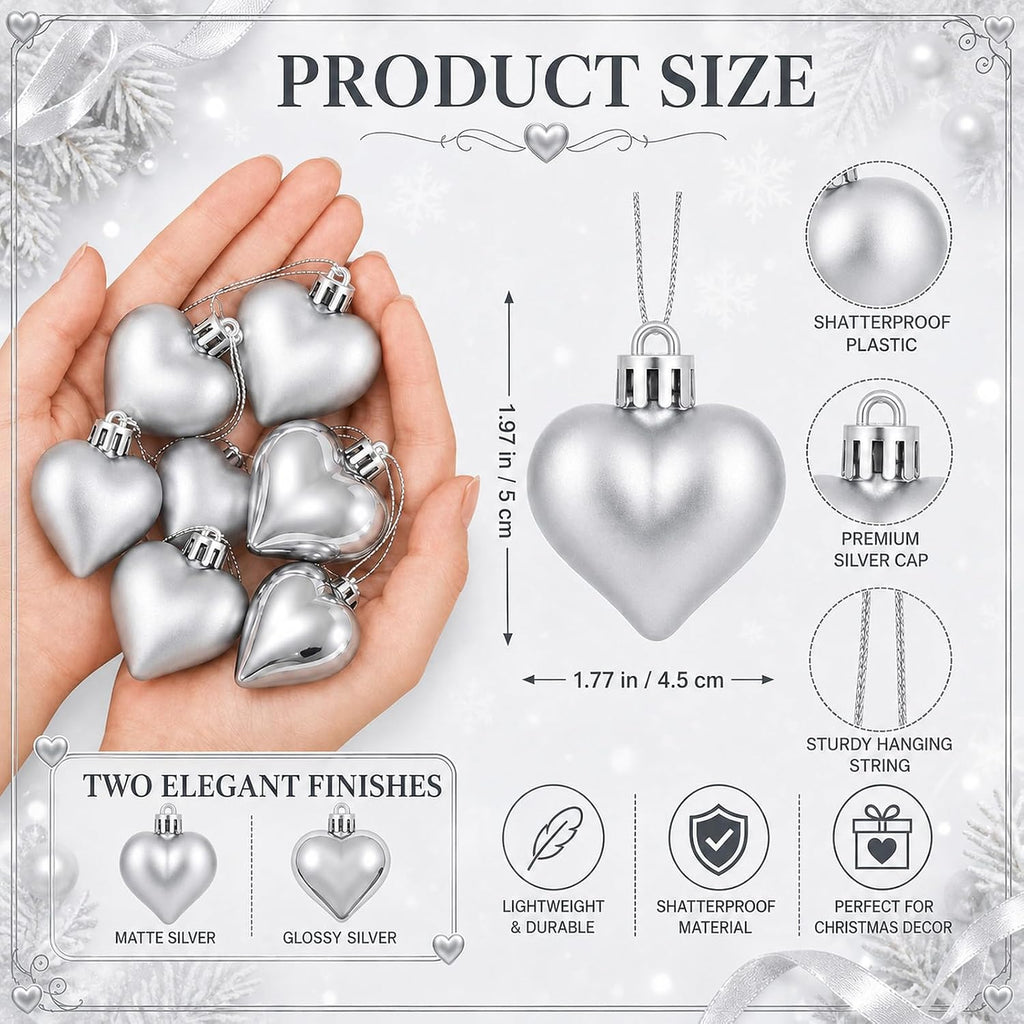 Set of 12 Silver Heart Ornaments for Christmas Valentine Tree Decorations, 1.8 inch Mini Valentines Ornaments for Small Tree, Heart Shaped Plastic Shatterproof Hanging Balls Holiday Party Decor