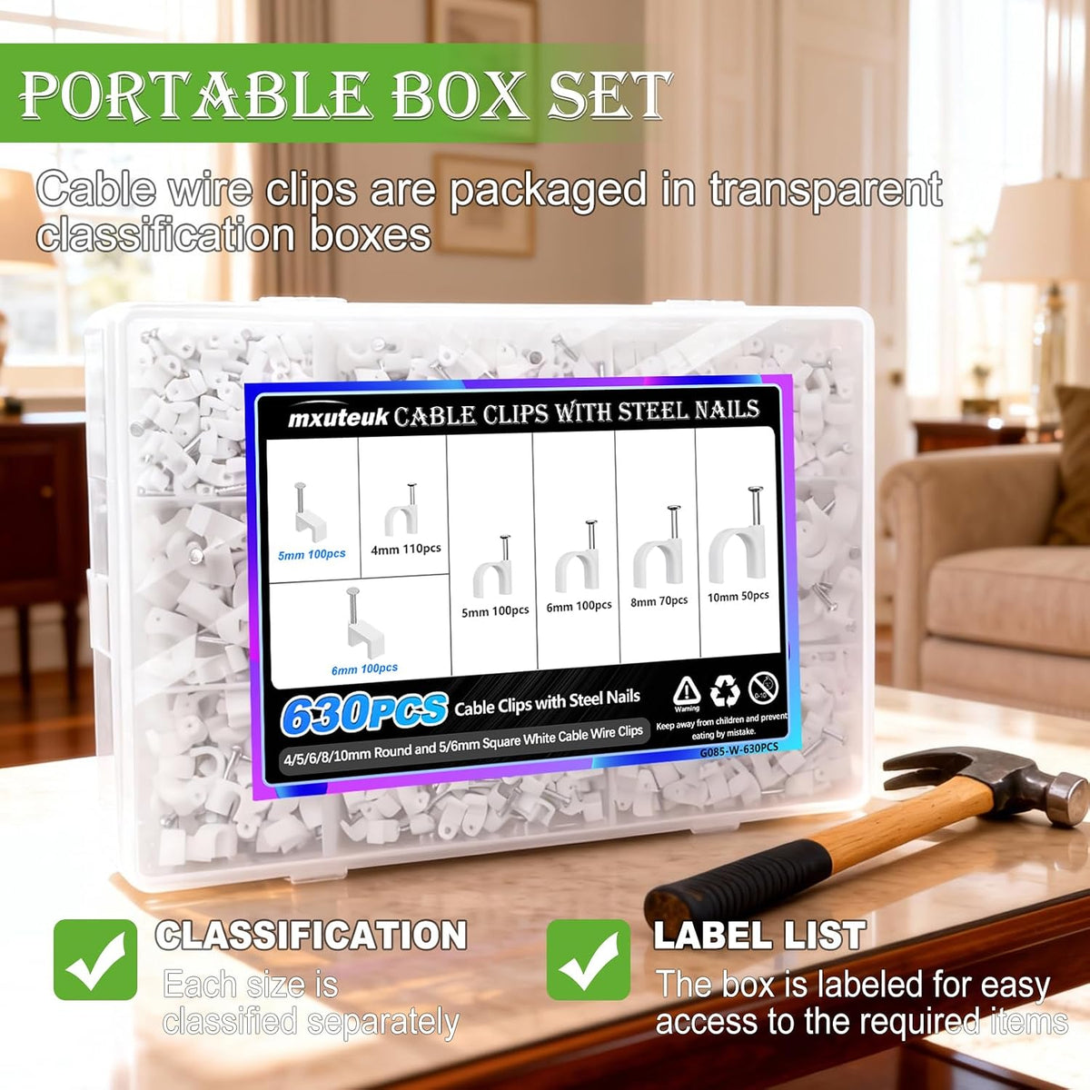 mxuteuk 630PCS Cable Clips with Steel Nails,4/5/6/8/10mm Round and 5/6mm Square White Cable Wire Clips,Wall Clips for Cords,Cable Cord Clips for RG6 RG59 CAT6 RJ45