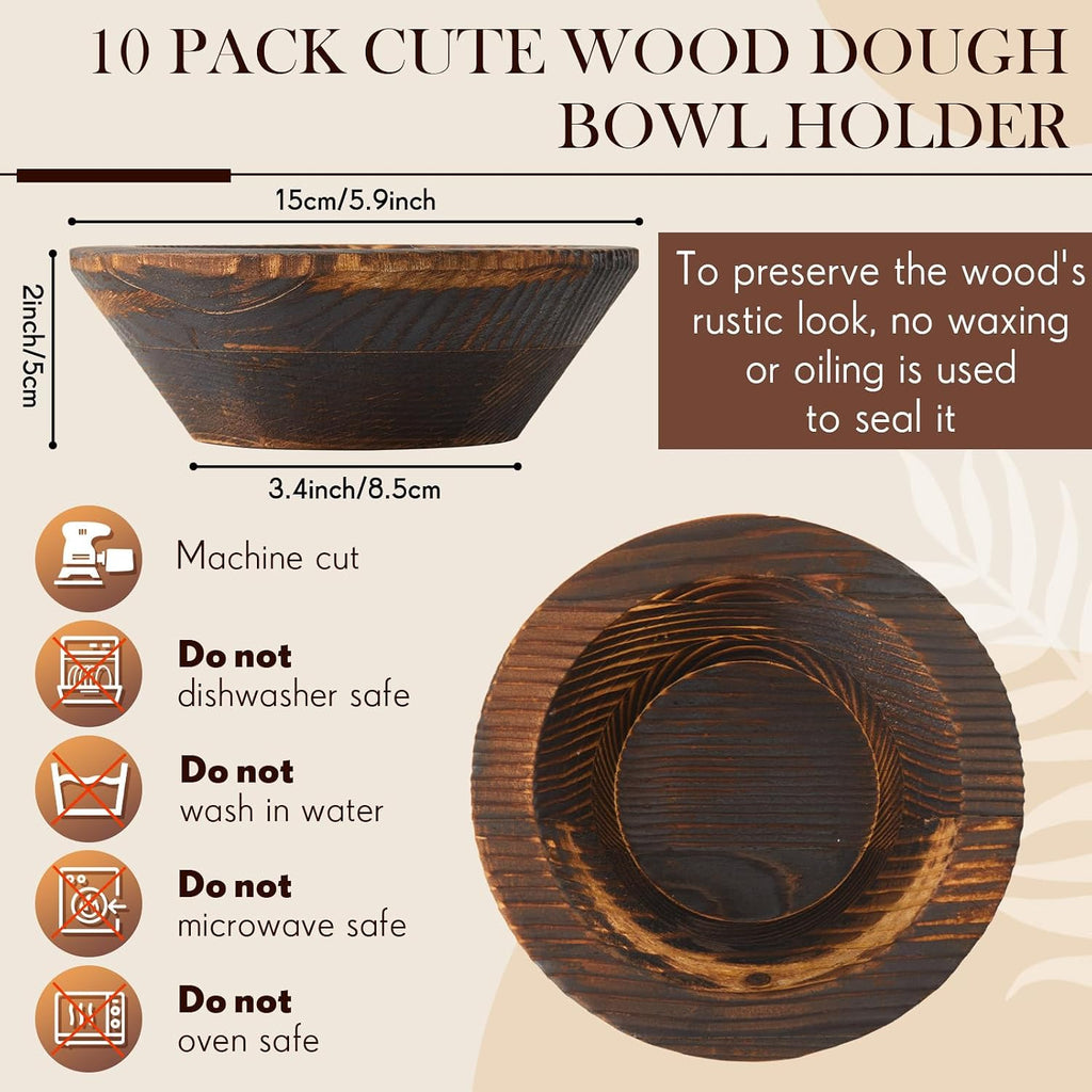 10 Pcs Wooden Dough Bowls for Decoration Passover Vintage Round Hand Carved Wood Bowl Bulk for DIY Crafts Decoration Farmhouse Supplies Housewarming Gift (Dark Brown)