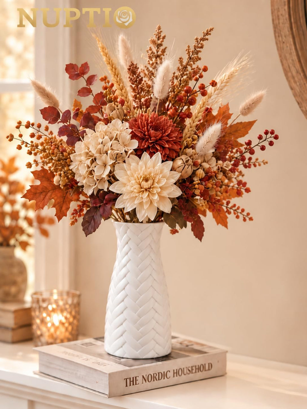 NUPTIO White Ceramic Flower Vase, Woven Texture, 7.9" Tall, Unglazed