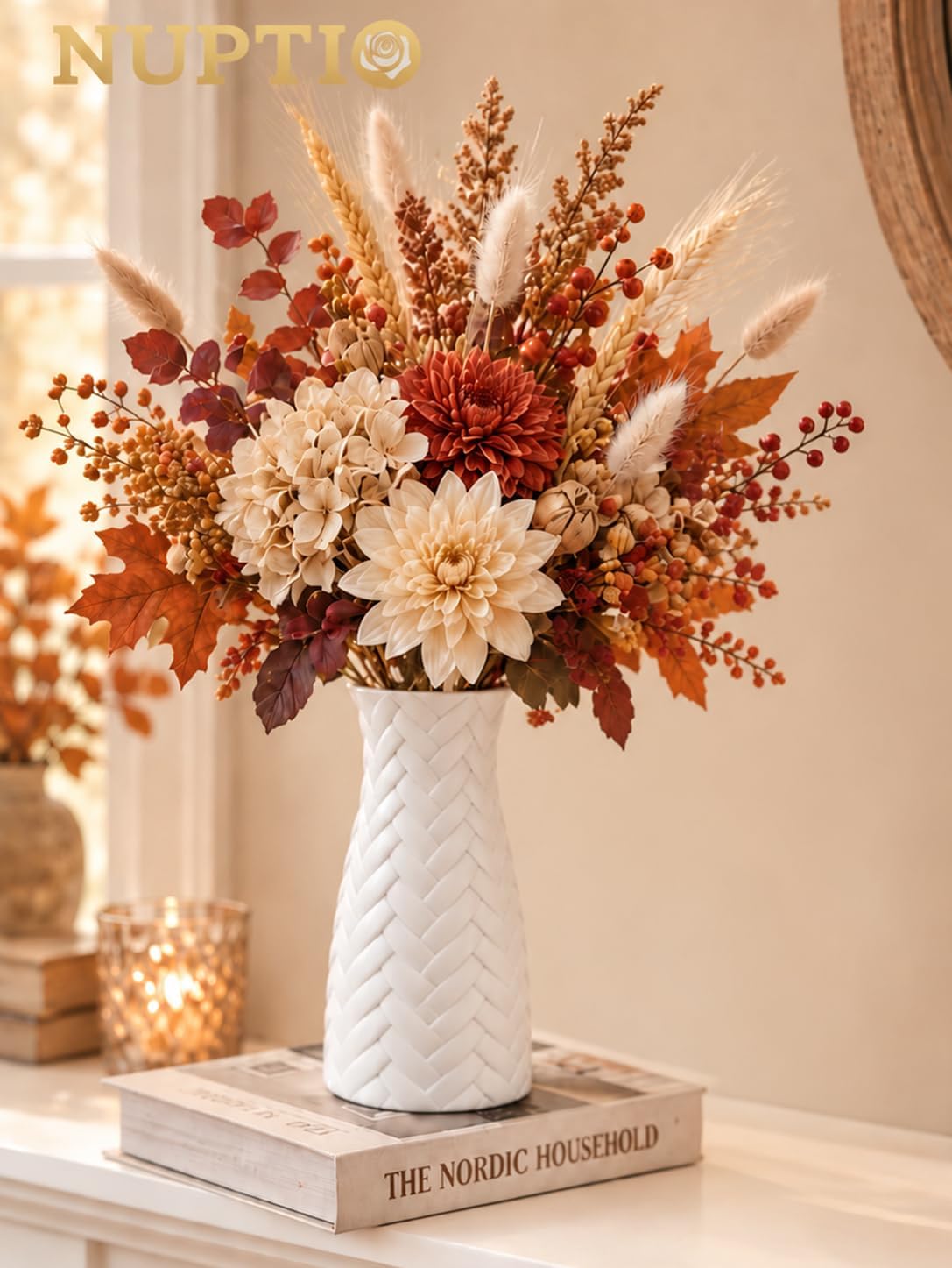 NUPTIO White Ceramic Flower Vase, Woven Texture, 7.9" Tall, Unglazed