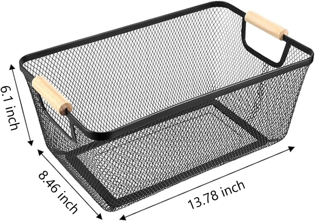 AJIODA Metal Mesh Steel Basket, Large Wire Storage Organizer Basket Multi-function Hanging Kitchen Baskets with Wood Handle for Kitchen Bathroom Picnic Home, Rectangle-Black