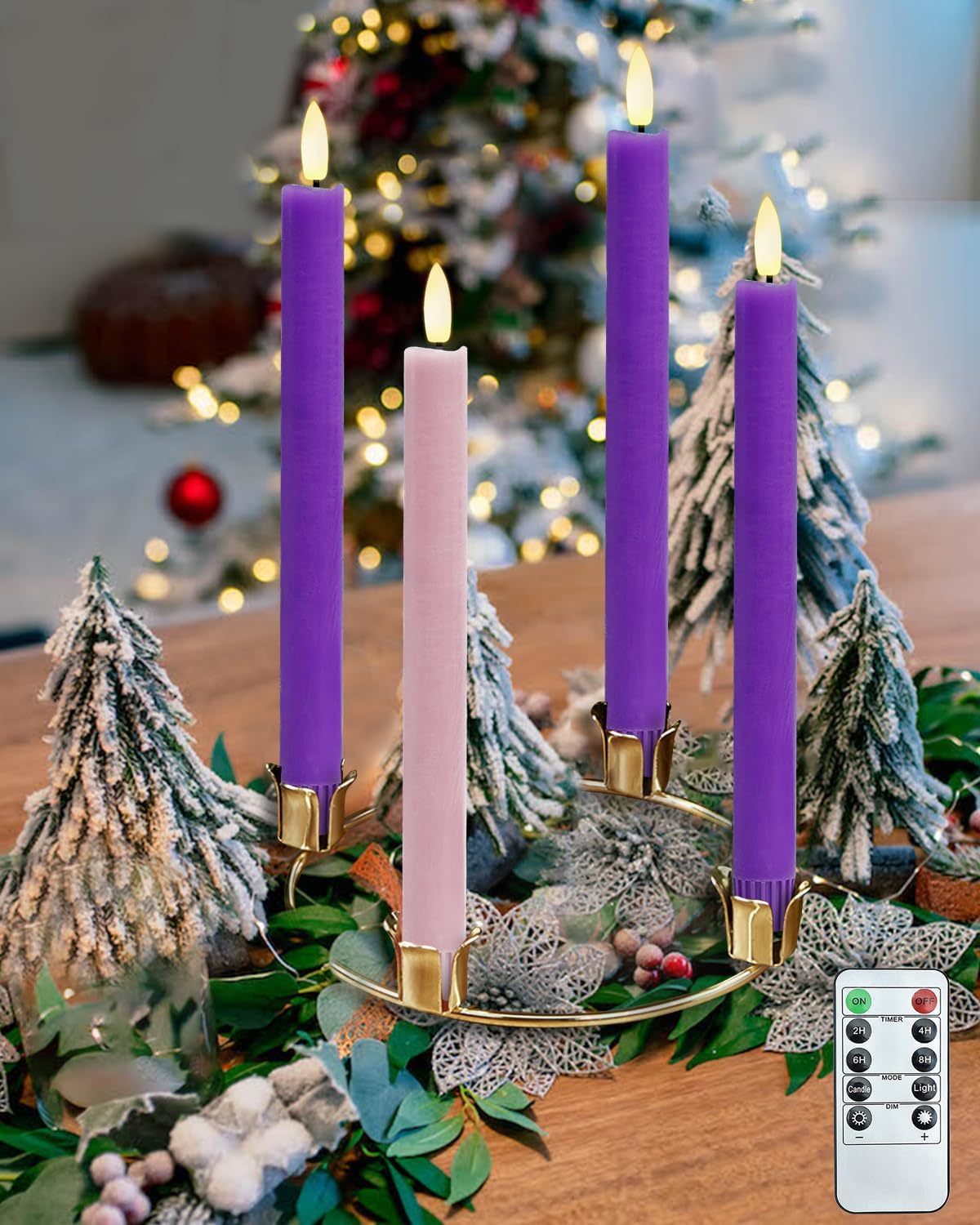 SHYMERY Flameless Advent Candles,Real Wax Battery Operated Electric LED Taper Candles with Remote Timer, Set of 4 Purple & Pink Flickering for Wreath Thanksgiving Christmas Outdoor Centerpieces