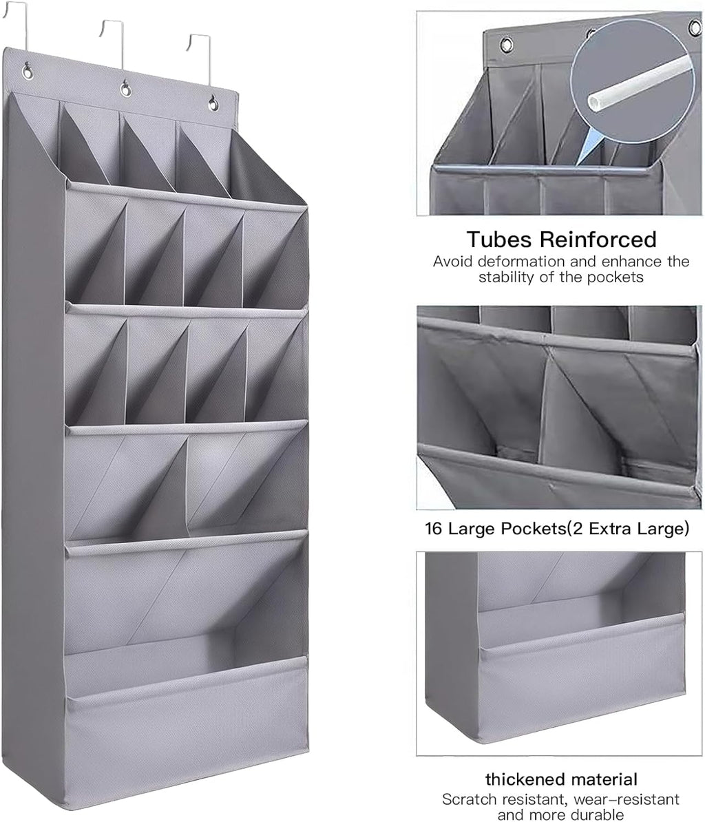 over the Door Shoe Organizer, Hanging Shoe Organizer with 15 Large Deep Pockets, Narrow Shoe Rack for Door Hanging Boots Storage, Dorm Room Essentials, Grey 11 Grid