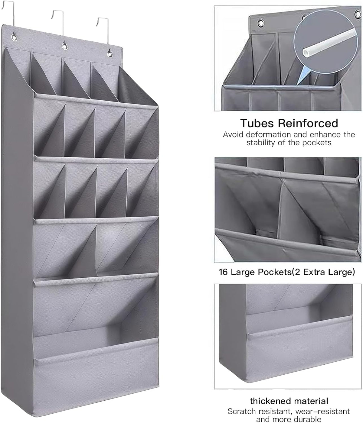 over the Door Shoe Organizer, Hanging Shoe Organizer with 15 Large Deep Pockets, Narrow Shoe Rack for Door Hanging Boots Storage, Dorm Room Essentials, Grey 11 Grid