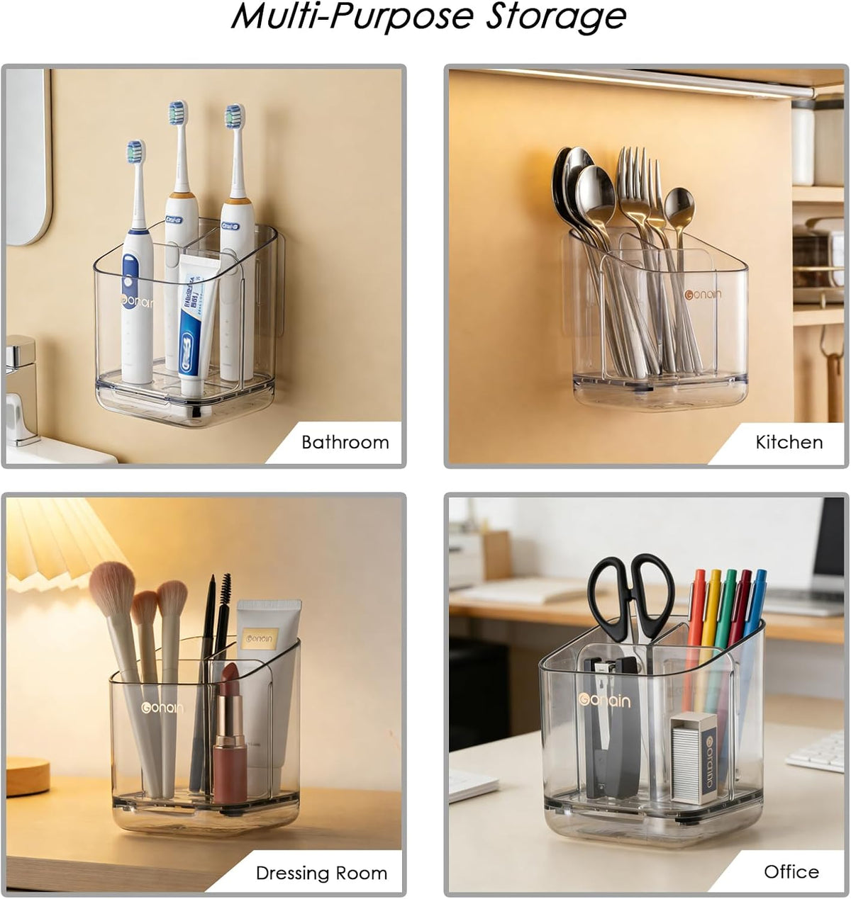 Toothbrush Holders for Bathroom - Detachable Divided Design, Drawer Drainage Tray, Adhesive Wall-Mounted/Countertop Dual-Use, Large Capacity Organizer for Bathroom/Kitchen/Office, Easy Install (Grey)
