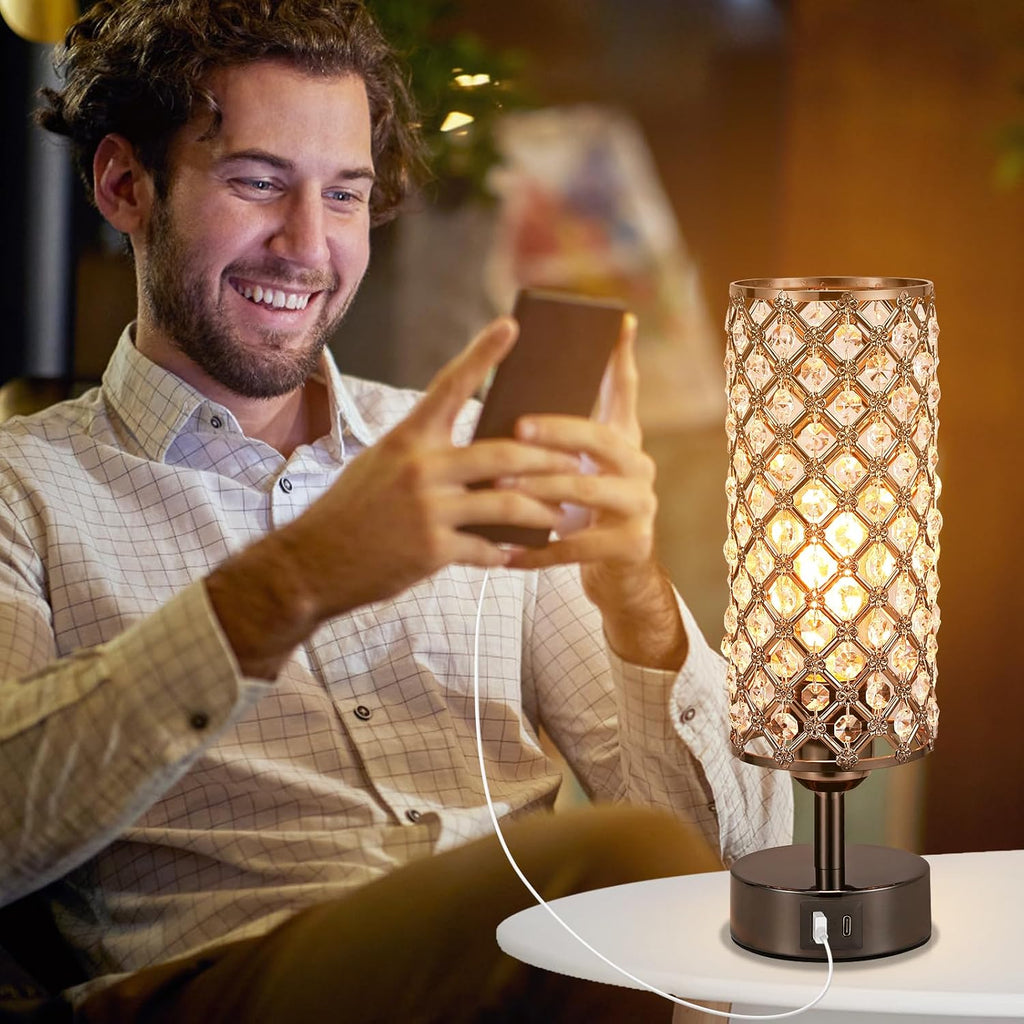 Black Crystal Touch Lamp with USB-C/A, 3-Dim Dimmable for Bedroom, Modern