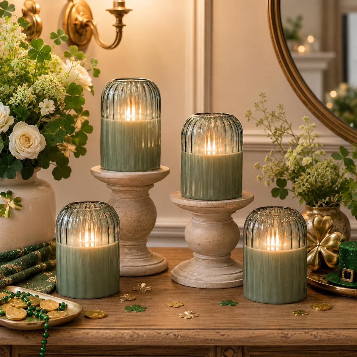 Lezonic Green Glass Flameless Candles with Remote, Set of 4 Dancing Flame LED Pillar Candles, Real Wax Battery Operated Candles with 2/4/6/8H Timer, Fall Halloween Thanksgiving Christmas Decor