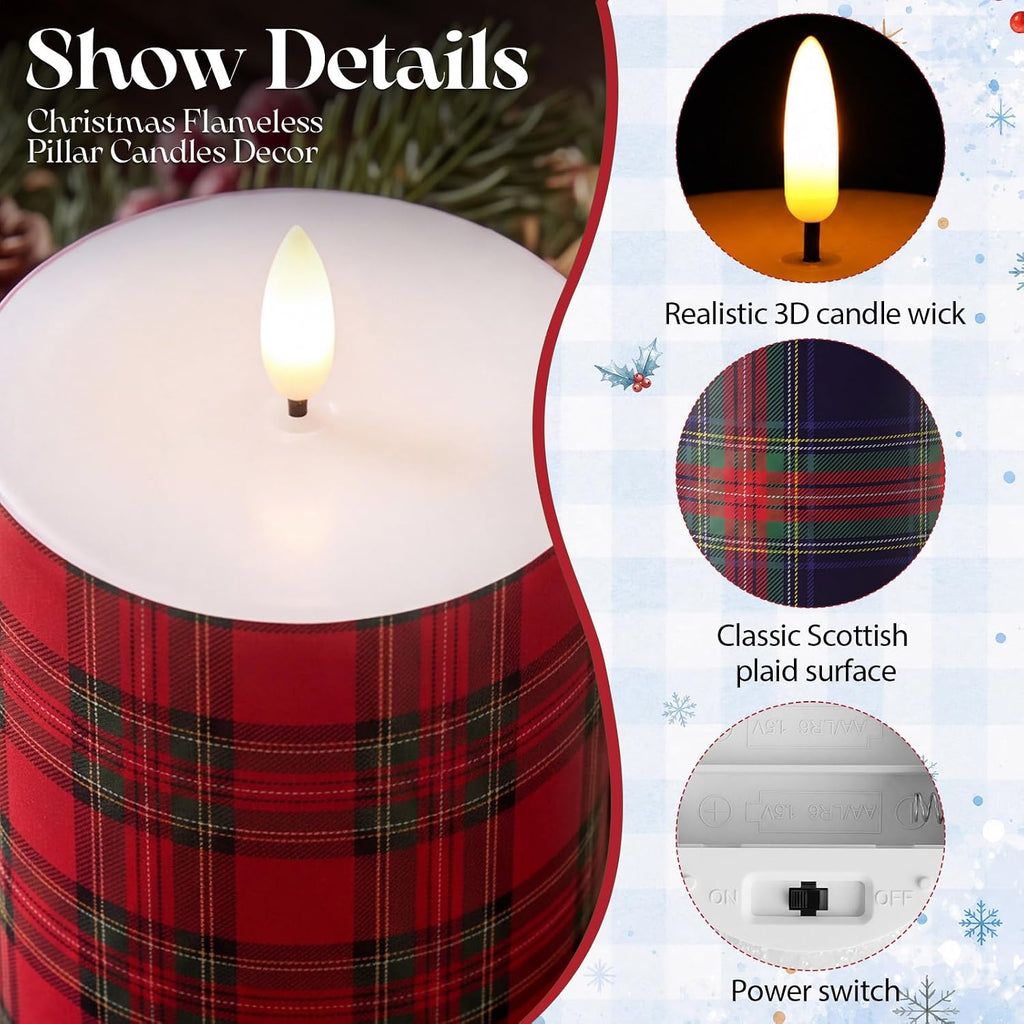 Retisee 3 Pcs Christmas Flameless Candles Real Wax Plaid LED Candles 4/5/6"