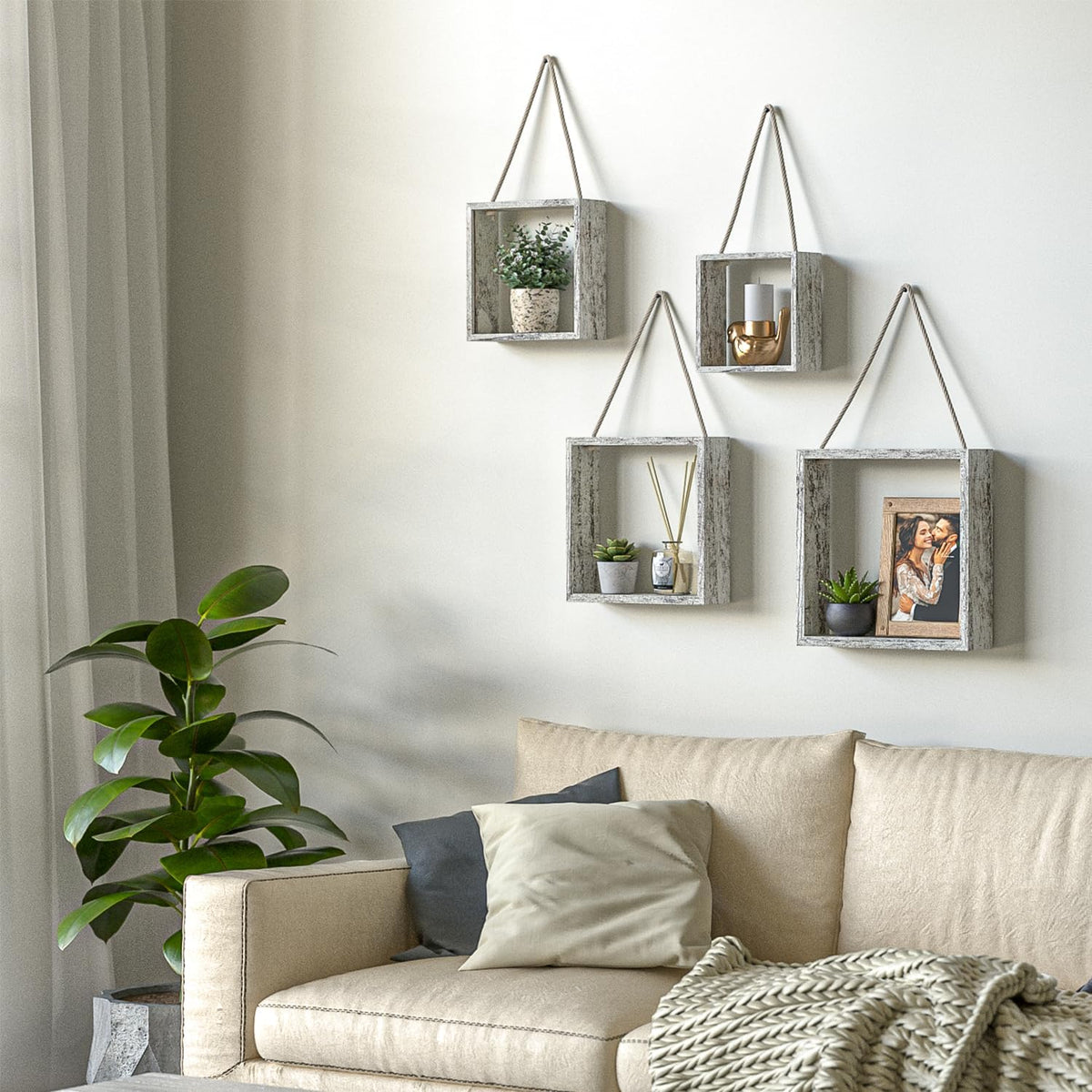 J JACKCUBE DESIGN Floating Hanging Square Shelves Wall Mounted Rustic Wood Cube Display Shelf Shadow Boxes Decorative Boho Home Décor for Living Room, Bedroom, Office, Set of 4 (White) - MK571C