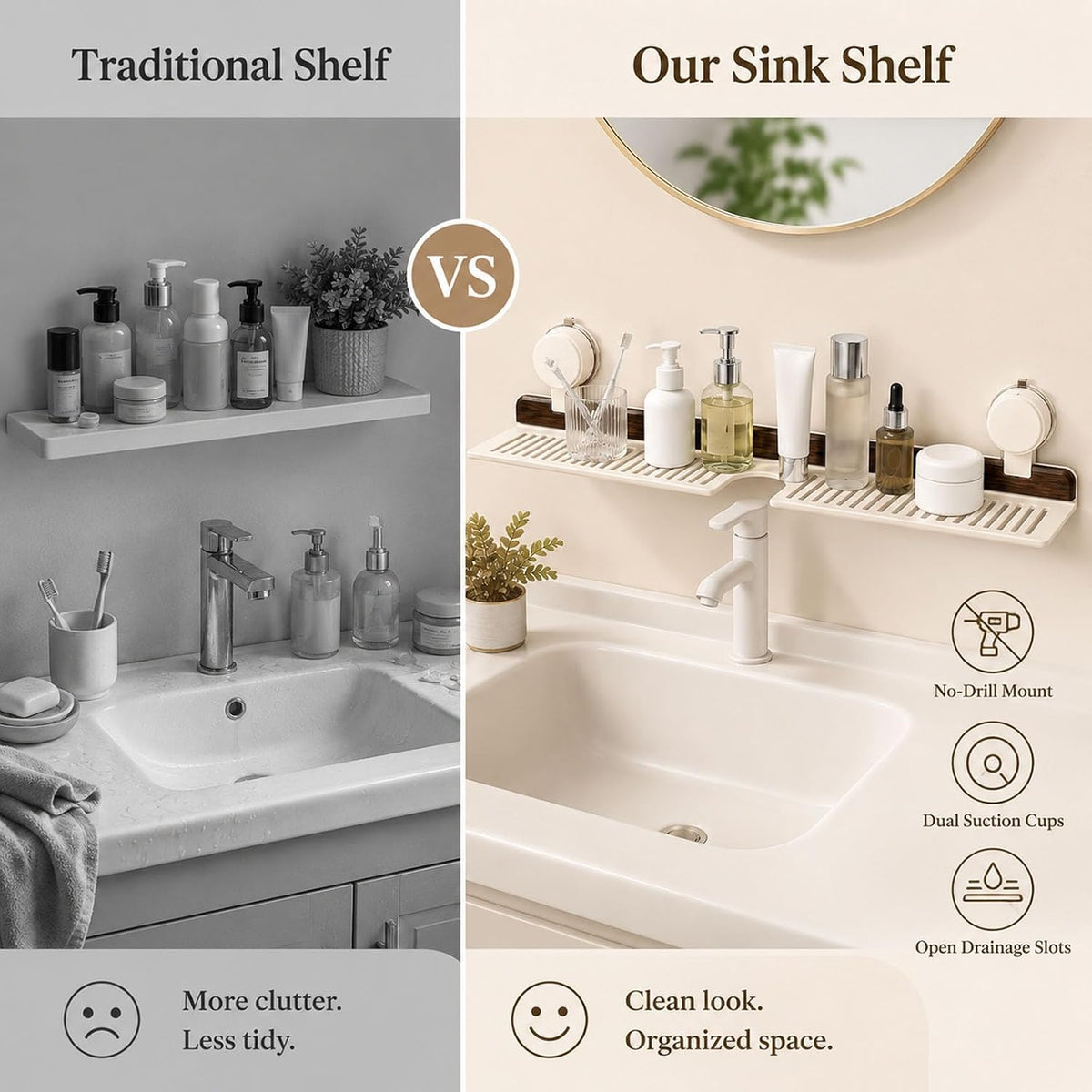 Bathroom Over Sink Shelf, 23.6 Inch No Drill Sink Organizer