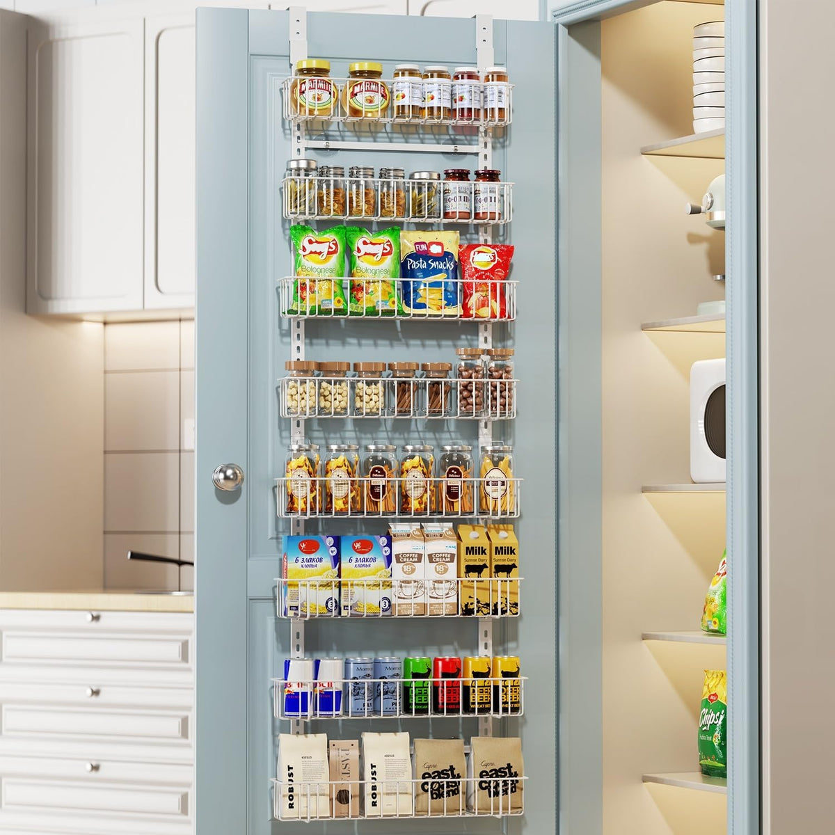 Delamu Adjustable Cabinet Door Organizer, 8-Tier Hanging Spice Rack Organizer, Metal Over the Door Pantry Organizer, Pantry Organizers and Storage Shelves for Kitchen Bathroom Laundry Room, White