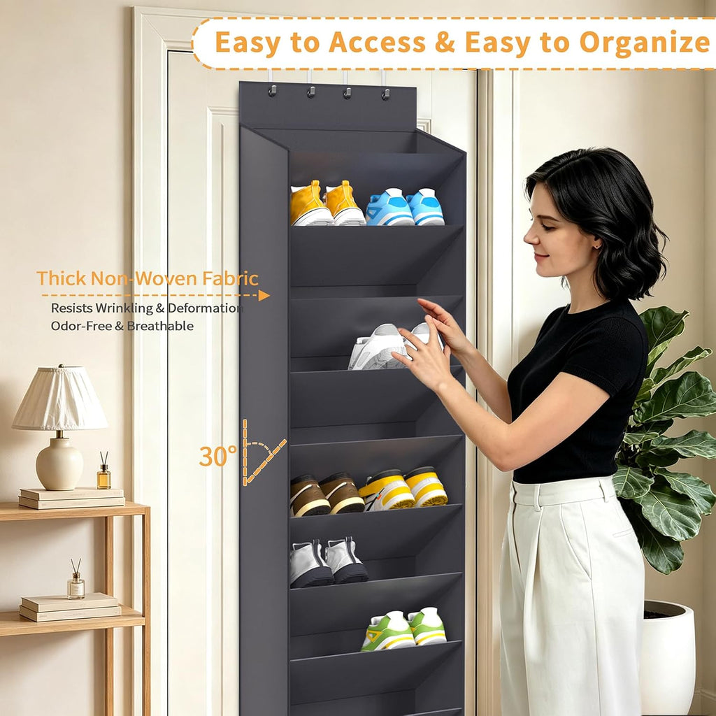 REGELETO Over-the-Door Shoe Organizer 10 Tier, Large Capacity Hanging Shoe Rack Holder for Closet Dorm Bedroom, Non-Woven Fabric with 4 Stainless Steel Hooks, Holds 20-30 Pairs Shoes （ Premium Gray）