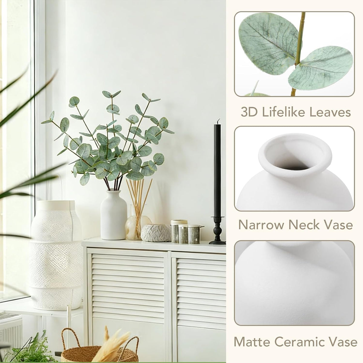 dallisten 17''Artificial Eucalyptus Stem Fake Plants Indoor Small with Vase