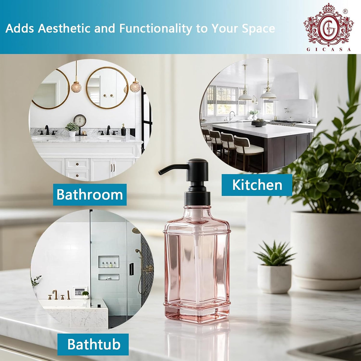 Soap Dispenser，10 Oz Antique Design Thick Glass Hand Soap Dispensers, with 304 Rust Proof Stainless Steel Pump, 6Pcs Stickers, for Kitchen,Bathroom, Apricot+Oil Rubbed Bronze