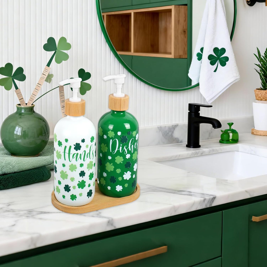 FYSUIMU 2 Pcs St. Patrick's Day Soap Dispenser Glass Soap Dispenser with Pump Green White Shamrock Clover Refillable Liquid Container for Hands Dishes Party Home Kitchen Bathroom Decor
