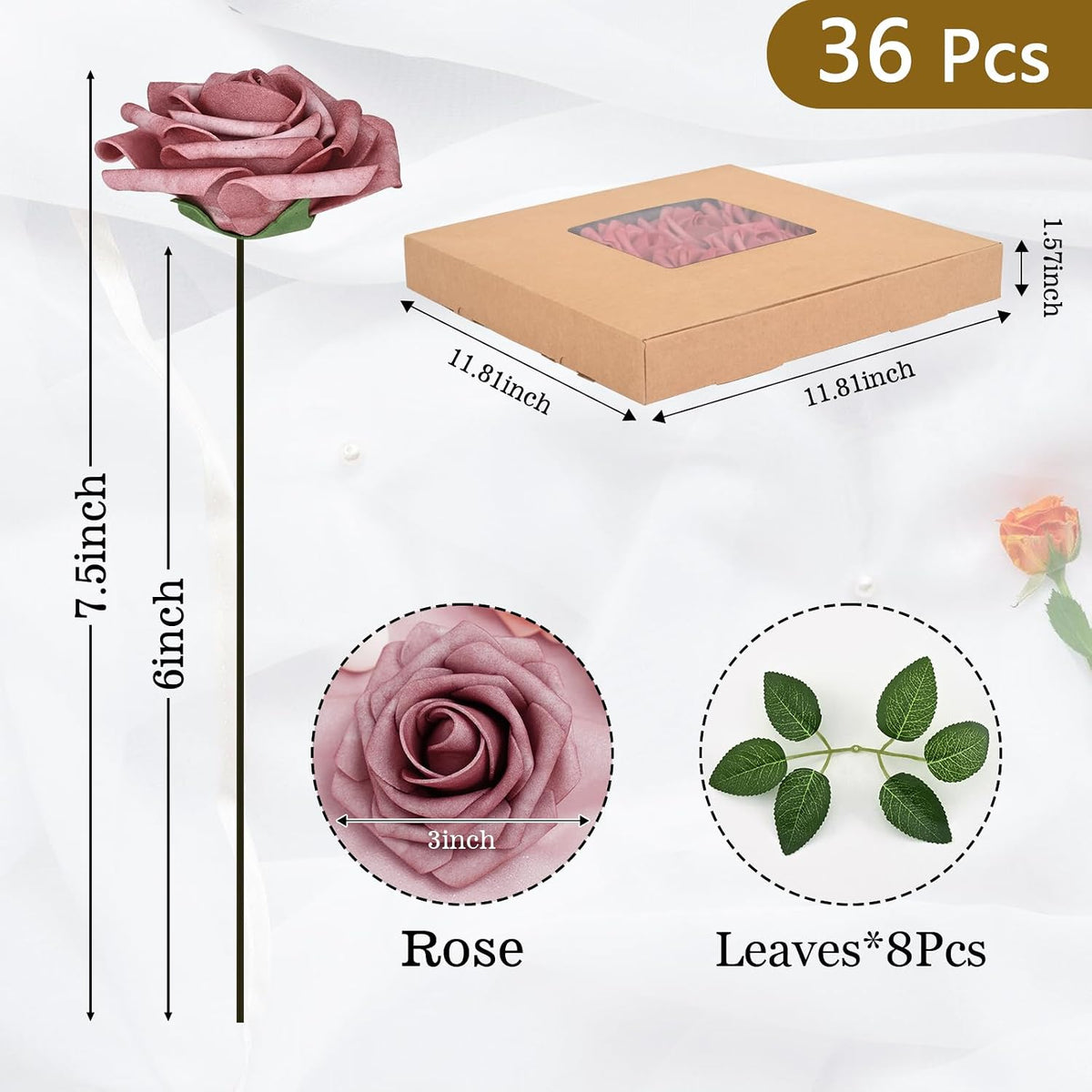 BLEUM CADE 36Pcs Artificial Flowers Fake Foam Roses with Stems for Wedding