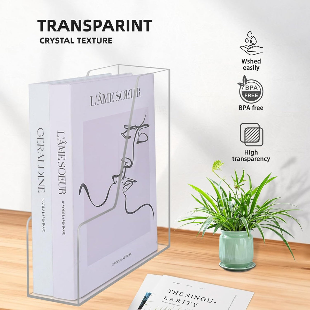 Clear Acrylic Magazine Rack, Vertical File Holder, Desk Organizer Storage Stand for Office, 4 Pack