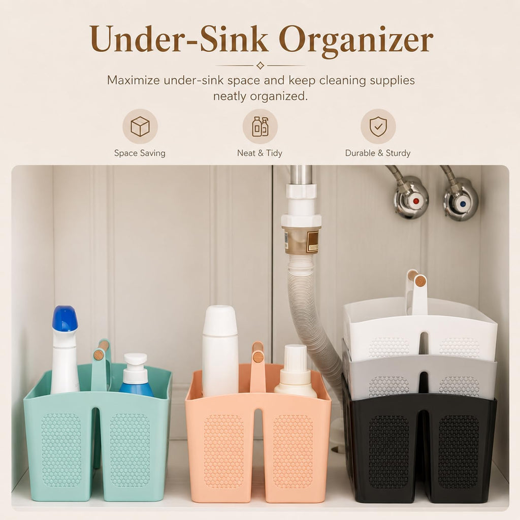 Haundry Plastic White Shower Caddy Basket with 3 Compartments, Portable Divided Bathroom Cleaning Caddy Organizer Storage Tote with Handle for Dorm, College, Room Essentials