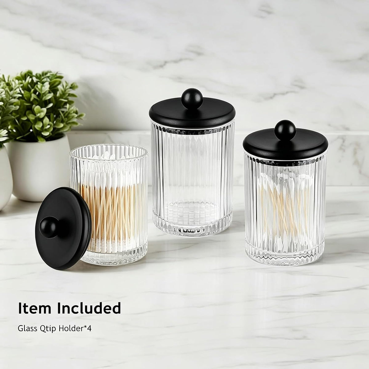 SheeChung 2 Pack Ribbed Glass Qtip Holder with Black Metal Lids