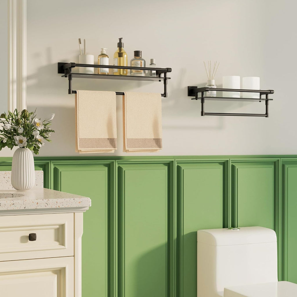 Alise Bathroom Shelf with Towel Bar, 20" Wall Mounted Glass Bathroom Shelf