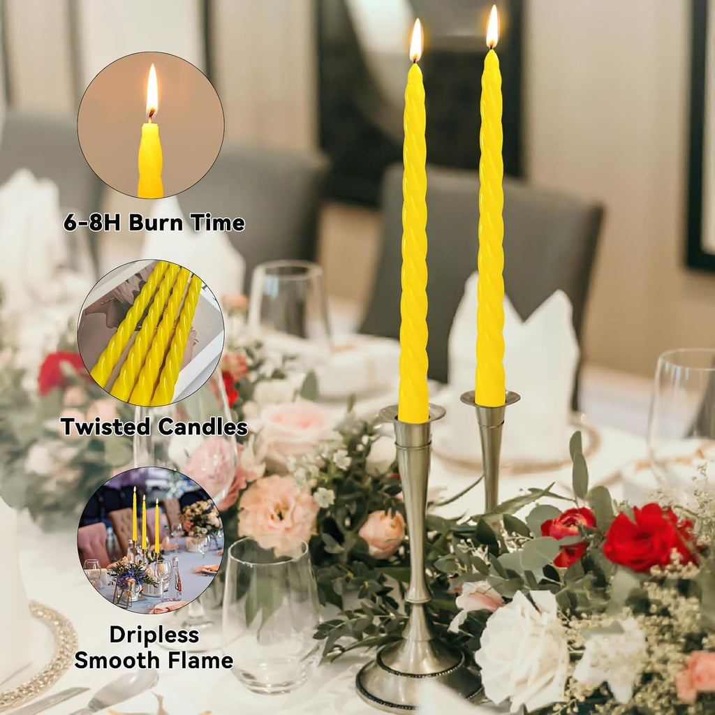 12 Pack 10 x 0.87 Inch Yellow Twisted Taper Candles Set
