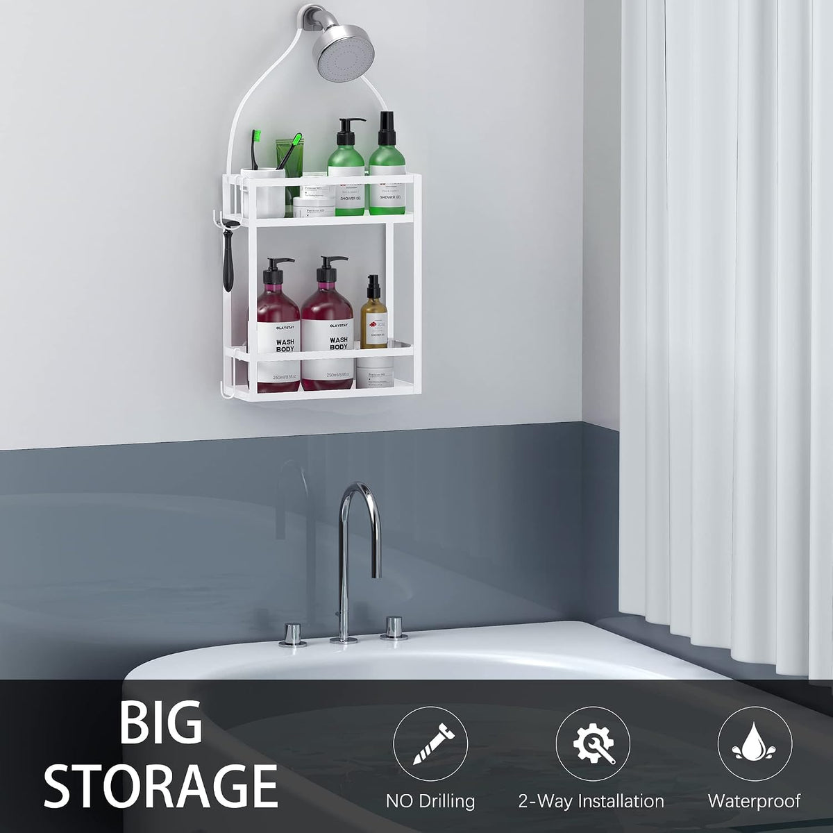 Meangood Shower Caddy 10.4" x 4.5" x 22.04" Hanging Shower Caddy Organizer Over Shower Head Big Capacity for Shampoo, Conditioner with Hooks for Razor/Sponge, White