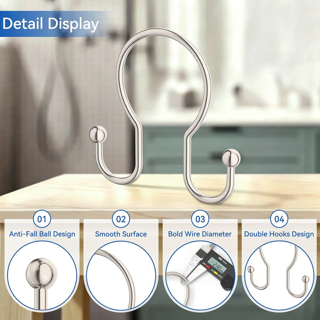 OEH Shower Curtain Hooks, 12 Pcs Minimalist Shower Curtain Rings, Metal Shower Curtain Hangers, Double Hook Shower Curtain Hooks Rust Proof, Glide Smoothly Shower Hooks for Shower Curtain Rod, Nickel