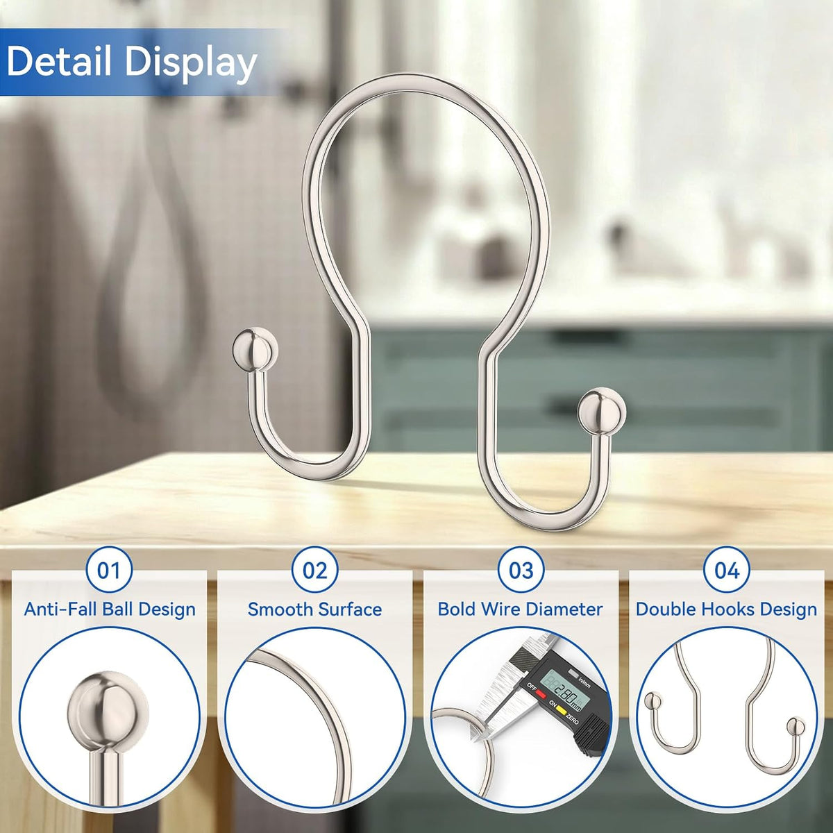 OEH Shower Curtain Hooks, 12 Pcs Minimalist Shower Curtain Rings, Metal Shower Curtain Hangers, Double Hook Shower Curtain Hooks Rust Proof, Glide Smoothly Shower Hooks for Shower Curtain Rod, Nickel